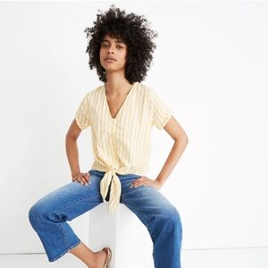 Madewell Agency Tie-Front Button Top Pompano Stripe cotton SZ M white yellow